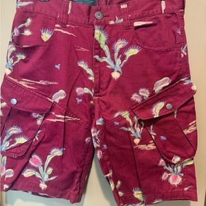 Mishka Green and Red Cargo Shorts with Tropical Pattern
